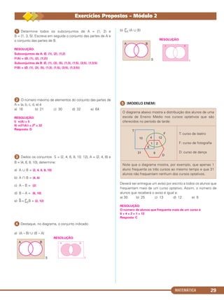 MATEMÁTICA 29
ᕡ Determine todos os subconjuntos de A = {1; 2) e
B = {1, 3, 5}. Escreva em seguida o conjunto das partes de A e
o conjunto das partes de B.
RESOLUÇÃO:
Subconjuntos de A: Ø, {1}, {2}, {1;2}
‫(ސ‬A) = {Ø, {1}, {2}, {1;2}}
Subconjuntos de B: Ø, {1}, {3}, {5}, {1;3}, {1;5}, {3;5}, {1;3;5}
‫(ސ‬B) = {Ø, {1}, {3}, {5}, {1;3}, {1;5}, {3;5}, {1;3;5}}
ᕢ O número máximo de elementos do conjunto das partes de
A = {a, b, c, d, e} é
a) 16 b) 21 c) 30 d) 32 e) 64
RESOLUÇÃO:
I) n(A) = 5
II) n(‫(ސ‬A)) = 25 = 32
Resposta: D
ᕣ Dados os conjuntos S = {2, 4, 6, 8, 10, 12}, A = {2, 4, 6} e
B = {4, 6, 8, 10}, determine:
a) A ഫ B = {2, 4, 6, 8, 10}
b) A ʝ B = {4, 6}
c) A – B = {2}
d) B – A = {8, 10}
e) B
–
= ֙SB = {2, 12}
ᕤ Destaque, no diagrama, o conjunto indicado:
a) (A – B) ʜ (B – A)
RESOLUÇÃO:
b) ֙S (A ʜ B)
RESOLUÇÃO:
ᕥ (MODELO ENEM)
Deverá ser entregue um aviso por escrito a todos os alunos que
frequentam mais de um curso optativo. Assim, o número de
alunos que receberá o aviso é igual a:
a) 30 b) 25 c) 13 d) 12 e) 9
RESOLUÇÃO:
O número de alunos que frequenta mais de um curso é
6 + 4 + 2 + 1 = 13
Resposta: C
O diagrama abaixo mostra a distribuição dos alunos de uma
escola de Ensino Médio nos cursos optativos que são
oferecidos no período da tarde:
T: curso de teatro
F: curso de fotografia
D: curso de dança
Note que o diagrama mostra, por exemplo, que apenas 1
aluno frequenta os três cursos ao mesmo tempo e que 31
alunos não frequentam nenhum dos cursos optativos.
Exercícios Propostos – Módulo 2
C1_1AMAT_2013_Rose 10/09/12 13:01 Página 29
 