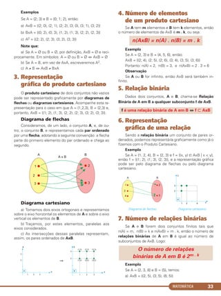 MATEMÁTICA 33
Exemplos
Se A = {2; 3} e B = {0; 1; 2}, então:
a) AxB = {(2; 0), (2; 1), (2; 2), (3; 0), (3; 1), (3; 2)}
b) BxA = {(0; 2), (0; 3), (1; 2), (1; 3), (2; 2), (2; 3)}
c) A2 = {(2; 2), (2; 3), (3; 2), (3; 3)}
Note que:
a) Se A = Ø ou B = Ø, por definição, AxB = Ø e reci-
procamente. Em símbolos: A = Ø ou B = Ø ⇔ AxB = Ø
b) Se A = B, em vez de AxA, escreveremos A2.
c) A ≠ B ⇔ AxB ≠ BxA
3. Representação
gráfica do produto cartesiano
O produto cartesiano de dois conjuntos não vazios
pode ser representado graficamente por diagramas de
flechas ou diagramas cartesianos. Acompanhe esta re-
presentação para o caso em que A = {1,2,3}, B = {2,3} e,
portanto, AxB = {(1; 2), (1; 3), (2; 2), (2; 3), (3; 2), (3; 3)}.
Diagrama de flechas
Consideramos, de um lado, o conjunto A, e, de ou-
tro, o conjunto B, e representamos cada par ordenado
por uma flecha, adotando a seguinte convenção: a flecha
parte do primeiro elemento do par ordenado e chega ao
segundo.
Diagrama cartesiano
a) Tomamos dois eixos ortogonais e representamos
sobre o eixo horizontal os elementos de A e sobre o eixo
vertical os elementos de B.
b) Traçamos, por estes elementos, paralelas aos
eixos considerados.
c) As intersecções dessas paralelas representam,
assim, os pares ordenados de AxB.
4. Número de elementos
de um produto cartesiano
Se A tem m elementos e B tem k elementos, então
o número de elementos de AxB é m . k, ou seja:
Exemplo
Se A = {2, 3} e B = {4, 5, 6}, então:
AxB = {(2; 4), (2; 5), (2; 6), (3; 4), (3; 5), (3; 6)}
Portanto: n(A) = 2, n(B) = 3, e n(AxB) = 2 . 3 = 6
Observação
Se A ou B for infinito, então AxB será também in-
finito.
5. Relação binária
Dados dois conjuntos, A e B, chama-se Relação
Binária de A em B a qualquer subconjunto f de AxB.
6. Representação
gráfica de uma relação
Sendo a relação binária um conjunto de pares or-
denados, podemos representá-la graficamente como já o
fizemos com o Produto Cartesiano.
Exemplo
Se A = {1, 2, 4}, B = {2, 3} e f = {(x, y) ∈ AxB ͉ x < y},
então f = {(1; 2), (1; 3), (2; 3)}, e a representação gráfica
pode ser pelo diagrama de flechas ou pelo diagrama
cartesiano.
Diagrama de flechas Diagrama cartesiano
7. Número de relações binárias
Se A e B forem dois conjuntos finitos tais que
n(A) = m, n(B) = k e n(AxB) = m . k, então o número de
relações binárias de A em B é igual ao número de
subconjuntos de AxB. Logo:
Exemplo
Se A = {2, 3, 8} e B = {5}, temos:
a) AxB = {(2, 5), (3; 5), (8; 5)}
O número de relações
binárias de A em B é 2m . k
f é uma relação binária de A em B ⇔ f ʚ AxB
n(AxB) = n(A) . n(B) = m . k
⇒
C1_1AMAT_2013_Rose 10/09/12 13:02 Página 33
 