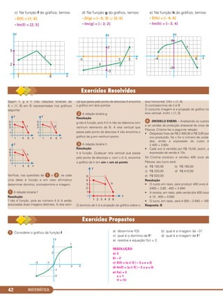 MATEMÁTICA42
c) Na função f do gráfico, temos:
• D(f) = [1; 8]
• Im(f) = [2; 5]
d) Na função g do gráfico, temos:
• D(g) = [– 5; 3[ ʜ ]3; 5]
• Im(g) = [– 3; 2]
e) Na função h do gráfico, temos:
• D(h) = [– 4; 6]
• Im(h) = [– 3; 4]
Sejam f, g e h três relações binárias de
A = [1; 6] em ‫ޒ‬ representadas nos gráficos
seguinte:
Verificar, nas questões de ᕡ a ᕣ, se cada
uma delas é função e em caso afirmativo
determinar domínio, contradomínio e imagem.
ᕡ A relação binária f
Resolução
f não é função, pois ao número 4 ∈ A estão
associadas duas imagens distintas. A reta verti-
cal que passa pelo ponto de abscissa 4 encontra
o gráfico em dois pontos.
ᕢ A relação binária g
Resolução
g não é função, pois 4 ∈ A não se relaciona com
nenhum elemento de ‫.ޒ‬ A reta vertical que
passa pelo ponto da abscissa 4 não encontra o
gráfico de g em nenhum ponto.
ᕣ A relação binária h
Resolução
h é função. Qualquer reta vertical que passa
pelo ponto de abscissa x, com x ∈ A, encontra
o gráfico de h em um e um só ponto.
O domínio de h é a projeção do gráfico sobre o
eixo horizontal. D(h) = [1; 6]
O contradomínio de h é ‫ޒ‬
O conjunto imagem é a projeção do gráfico no
eixo vertical. Im(h) = [1; 5[
ᕤ (MODELO ENEM) – Analisando os custos
e as vendas da produção artesanal de ovos de
Páscoa, Cristina fez a seguinte relação:
• Despesas fixas de R$ 2 400,00 e R$ 3,60 por
ovo produzido. Se x for o número de unida-
des, então a expressão do custo é
2 400 + 3,60x
• Cada ovo é vendido por R$ 10,00; assim, a
expressão da venda é 10x.
Se Cristina produziu e vendeu 400 ovos de
Páscoa, seu lucro será:
a) R$ 100,00 b) R$ 160,00
c) R$ 220,00 d) R$ 410,00
e) R$ 520,00
Resolução
• O custo em reais, para produzir 400 ovos é
2400 + 3,60 . 400 = 3 840
• A receita, em reais, pela venda dos 400 ovos
é 10 . 400 = 4 000
• O lucro, em reais, será 4 000 – 3 840 = 160
Resposta: B
ᕡ Considere o gráfico da função f. a) determine f(3) b) qual é a imagem de –3?
c) qual é o domínio de f? d) qual é a imagem de f?
e) resolva a equação f(x) = 2.
RESOLUÇÃO:
a) 3
b) – 2
c) D(f) = {x ∈ ‫ޒ‬ ͉ – 3 ≤ x ≤ 3}
d) Im(f) = {y ∈ ‫ޒ‬ ͉ – 2 ≤ y ≤ 3}
e) f(x) = 2
x = 1
V = {1}
C1_1AMAT_2013_Rose 10/09/12 13:02 Página 42
 