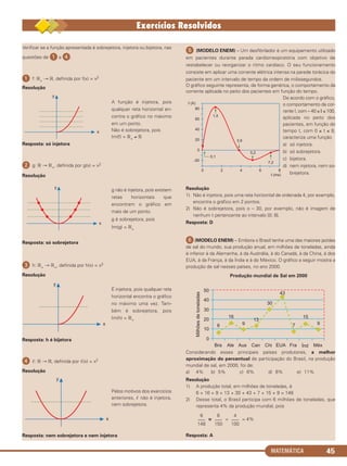 MATEMÁTICA 45
Verificar se a função apresentada é sobrejetora, injetora ou bijetora, nas
questões de ᕡ a ᕤ.
ᕡ f: ‫ޒ‬+ → ‫,ޒ‬ definida por f(x) = x2
Resolução
A função é injetora, pois
qualquer reta horizontal en-
contra o gráfico no máximo
em um ponto.
Não é sobrejetora, pois
Im(f) = ‫ޒ‬+ ≠ ‫ޒ‬
Resposta: só injetora
ᕢ g: ‫ޒ‬ → ‫ޒ‬+, definida por g(x) = x2
Resolução
g não é injetora, pois existem
retas horizontais que
encontram o gráfico em
mais de um ponto.
g é sobrejetora, pois
Im(g) = ‫ޒ‬+
Resposta: só sobrejetora
ᕣ h: ‫ޒ‬+ → ‫ޒ‬+, definida por h(x) = x2
Resolução
É injetora, pois qualquer reta
horizontal encontra o gráfico
no máximo uma vez. Tam-
bém é sobrejetora, pois
Im(h) = ‫ޒ‬+
Resposta: h é bijetora
ᕤ ᐉ: ‫ޒ‬ → ‫,ޒ‬ definida por ᐉ(x) = x2
Resolução
Pelos motivos dos exercícios
anteriores, ᐉ não é injetora,
nem sobrejetora.
Resposta: nem sobrejetora e nem injetora
ᕥ (MODELO ENEM) – Um desfibrilador é um equipamento utilizado
em pacientes durante parada cardiorrespiratória com objetivo de
restabelecer ou reorganizar o ritmo cardíaco. O seu funcionamento
consiste em aplicar uma corrente elétrica intensa na parede torácica do
paciente em um intervalo de tempo da ordem de milissegundos.
O gráfico seguinte representa, de forma genérica, o comportamento da
corrente aplicada no peito dos pacientes em função do tempo.
De acordo com o gráfico,
o comportamento da cor-
rente I, com – 40 ≤ I ≤ 100,
aplicada no peito dos
pacientes, em função do
tempo t, com 0 ≤ t ≤ 8,
caracteriza uma função
a) só injetora.
b) só sobrejetora.
c) bijetora.
d) nem injetora, nem so-
brejetora.
Resolução
1) Não é injetora, pois uma reta horizontal de ordenada 4, por exemplo,
encontra o gráfico em 2 pontos.
2) Não é sobrejetora, pois o – 30, por exemplo, não é imagem de
nenhum t pertencente ao intervalo [0; 8].
Resposta: D
ᕦ(MODELO ENEM) – Embora o Brasil tenha uma das maiores jazidas
de sal do mundo, sua produção anual, em milhões de toneladas, ainda
é inferior à da Alemanha, à da Austrália, à do Canadá, à da China, à dos
EUA, à da França, à da Índia e à do México. O gráfico a seguir mostra a
produção de sal nesses países, no ano 2000.
Considerando esses principais países produtores, a melhor
aproximação do percentual de participação do Brasil, na produção
mundial de sal, em 2000, foi de:
a) 4% b) 5% c) 6% d) 8% e) 11%
Resolução
1) A produção total, em milhões de toneladas, é
6 + 16 + 9 + 13 + 30 + 43 + 7 + 15 + 9 = 148
2) Desse total, o Brasil participa com 6 milhões de toneladas, que
representa 4% da produção mundial, pois
≅ = = 4%
Resposta: A
6
–––
148
6
–––
150
4
–––
100
C1_1AMAT_2013_Rose 10/09/12 13:02 Página 45
 