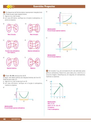 MATEMÁTICA46
ᕡ Os diagramas de flechas abaixo representam relações biná-
rias. Pede-se para cada relação binária:
I) diga se é ou não função;
II) em caso afirmativo, verifique se a função é sobrejetora, in-
jetora ou bijetora.
a) b)
Não é função. Não é função.
c) d)
Função não sobrejetora Apenas sobrejetora.
nem injetora.
e) f)
Apenas injetora. Bijetora.
ᕢ Sejam A e B subconjuntos de ‫.ޒ‬
A seguir, são dados gráficos de relações binárias de A em B.
Pede-se para cada um:
I) diga se é ou não função de A em B;
II) em caso afirmativo, verifique se a função é sobrejetora,
injetora ou bijetora.
a)
RESOLUÇÃO:
É uma função apenas sobrejetora.
b)
RESOLUÇÃO:
É uma função apenas injetora.
c)
RESOLUÇÃO:
É uma função bijetora.
ᕣ As funções f e g, de contradomínio ‫,ޒ‬ são definidas pelos
gráficos cartesianos. Determine, para cada uma, o domínio e o
conjunto imagem. Classifique-as, em seguida, em sobrejetoras,
injetoras ou bijetoras.
a)
RESOLUÇÃO:
D(f) = [1; 4[
Im(f) = [1; 4] – {3} ≠ ‫ޒ‬
f é injetora
f não é sobrejetora
C1_1AMAT_2013_Rose 10/09/12 13:02 Página 46
 