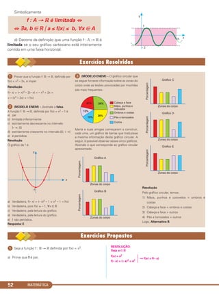 Simbolicamente
d) Decorre da definição que uma função f : A → ‫ޒ‬ é
limitada se o seu gráfico cartesiano está inteiramente
contido em uma faixa horizontal.
f : A → ‫ޒ‬ é limitada ⇔
⇔ ∃a, b ∈ ‫ޒ‬ ͉ a ≤ f(x) ≤ b, ∀x ∈ A
MATEMÁTICA52
ᕡ Provar que a função f: ‫ޒ‬ → ‫,ޒ‬ definida por
f(x) = x3 – 2x, é ímpar.
Resolução
f(– x) = (– x)3 – 2(– x) = – x3 + 2x =
= – (x3 – 2x) = – f(x)
ᕢ (MODELO ENEM) – Assinale a falsa.
A função f: ‫ޒ‬ → ‫,ޒ‬ definida por f(x) = x2 – 1 é
a) par
b) limitada inferiormente
c) estritamente decrescente no intervalo
]– ∞; 0]
d) estritamente crescente no intervalo [0; + ∞[
e) é periódica
Resolução
O gráfico de f é:
a) Verdadeira, f(– x) = (– x)2 – 1 = x2 – 1 = f(x)
b) Verdadeira, pois f(x) ≥ – 1, ∀x ∈ ‫ޒ‬
c) Verdadeira, pela leitura do gráfico.
d) Verdadeira, pela leitura do gráfico.
e) f não periódica.
Resposta: E
ᕣ (MODELO ENEM) – O gráfico circular que
se segue fornece informação sobre as zonas do
corpo onde as lesões provocadas por mochilas
são mais frequentes.
Marta e suas amigas começaram a construir,
cada uma, um gráfico de barras que traduzisse
a mesma informação deste gráfico circular. A
seguir, é possível observar esses cinco gráficos.
Assinale o que corresponde ao gráfico circular
apresentado.
Resolução
Pelo gráfico circular, temos:
1) Mãos, punhos e cotovelos = ombros e
costas
2) Cabeça e face < ombros e costas
3) Cabeça e face > outros
4) Pés e tornozelos < outros
Logo: Alternativa B
ᕡ Seja a função f : ‫ޒ‬ → ‫ޒ‬ definida por f(x) = x2.
a) Prove que f é par.
RESOLUÇÃO:
Seja a ∈ ‫ޒ‬
f(a) = a2
· ⇒ f(a) = f(– a)
f(– a) = (– a)2 = a2
C1_1AMAT_2013_Rose 10/09/12 13:02 Página 52
 