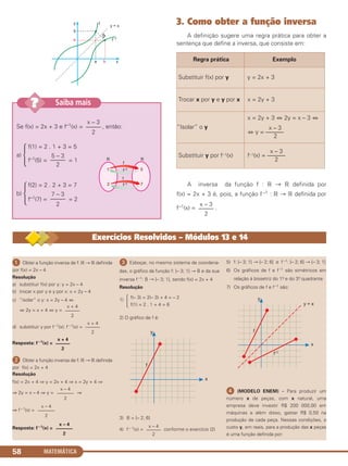 MATEMÁTICA58
3. Como obter a função inversa
A definição sugere uma regra prática para obter a
sentença que define a inversa, que consiste em:
A inversa da função f : ‫ޒ‬ → ‫ޒ‬ definida por
f(x) = 2x + 3 é, pois, a função f –1 : ‫ޒ‬ → ‫ޒ‬ definida por
f–1(x) = .
Regra prática Exemplo
Substituir f(x) por y y = 2x + 3
Trocar x por y e y por x x = 2y + 3
“Isolar” o y
x = 2y + 3 ⇔ 2y = x – 3 ⇔
x – 3
⇔ y = ––––––
2
Substituir y por f–1(x)
x – 3
f–1(x) = ––––––
2
x – 3
–––––
2
ᕡ Obter a função inversa de f: ‫ޒ‬ → ‫ޒ‬ definida
por f(x) = 2x – 4
Resolução
a) substituir f(x) por y: y = 2x – 4
b) trocar x por y e y por x: x = 2y – 4
c) “isolar” o y: x = 2y – 4 ⇔
⇔ 2y = x + 4 ⇔ y =
d) substituir y por f –1(x): f –1(x) =
Resposta: f –1(x) =
ᕢ Obter a função inversa de f: ‫ޒ‬ → ‫ޒ‬ definida
por f(x) = 2x + 4
Resolução
f(x) = 2x + 4 ⇒ y = 2x + 4 ⇒ x = 2y + 4 ⇒
⇒ 2y = x – 4 ⇒ y = ⇒
⇒ f –1(x) =
Resposta: f –1(x) =
ᕣ Esboçar, no mesmo sistema de coordena-
das, o gráfico da função f: [– 3; 1] → B e da sua
inversa f –1: B → [– 3; 1], sendo f(x) = 2x + 4
Resolução
1)
2) O gráfico de f é:
3) B = [– 2; 6]
4) f – 1(x) = conforme o exercício (2)
5) f: [– 3; 1] → [– 2; 6] e f –1: [– 2; 6] → [– 3; 1]
6) Os gráficos de f e f–1 são simétricos em
relação à bissetriz do 1o. e do 3o. quadrante.
7) Os gráficos de f e f–1 são:
ᕤ (MODELO ENEM) – Para produzir um
número x de peças, com x natural, uma
empresa deve investir R$ 200 000,00 em
máquinas e além disso, gastar R$ 0,50 na
produção de cada peça. Nessas condições, o
custo y, em reais, para a produção das x peças
é uma função definida por:
x – 4
––––––
2
Ά
f(– 3) = 2(– 3) + 4 = – 2
f(1) = 2 . 1 + 4 = 6
x – 4
–––––––
2
x – 4
–––––––
2
x – 4
–––––––
2
x + 4
––––––
2
x + 4
––––––
2
x + 4
––––––
2
Se f(x) = 2x + 3 e f–1(x) = , então:
f(1) = 2 . 1 + 3 = 5
a)
Άf–1(5) = = 1
f(2) = 2 . 2 + 3 = 7
b)
Άf–1(7) = = 2
7 – 3
–––––
2
5 – 3
–––––
2
x – 3
–––––
2
Saiba mais??
Exercícios Resolvidos – Módulos 13 e 14
C1_1AMAT_2013_Rose 10/09/12 13:02 Página 58
 