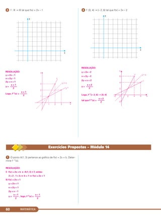 MATEMÁTICA60
ᕣ f : ‫ޒ‬ → ‫ޒ‬ tal que f(x) = 2x – 1
RESOLUÇÃO:
y = 2x – 1
x = 2y – 1
2y = x + 1
y =
Logo, f–1(x) =
ᕤ f: [0; 4] → [– 2; 6] tal que f(x) = 2x – 2
RESOLUÇÃO:
y = 2x – 2
x = 2y – 2
2y = x + 2
y =
Logo, f–1:[– 2; 6] → [0; 4]
tal que f–1(x) =
x + 1
––––––
2
x + 1
––––––
2
x + 2
––––––
2
x + 2
––––––
2
ᕡ O ponto A(1; 3) pertence ao gráfico de f(x) = 2x + b. Deter-
mine f –1(x).
RESOLUÇÃO:
I) f(x) = 2x + b e A(1; 3) ∈ f, então:
3 = 2 . 1 + b ⇔ b = 1 ⇔ f(x) = 2x + 1
II) f(x) = 2x + 1
y = 2x + 1
x = 2y + 1
2y = x – 1
y = , logo, f–1(x) =
x – 1
–––––
2
x – 1
–––––
2
Exercícios Propostos – Módulo 14
C1_1AMAT_2013_Rose 10/09/12 13:02 Página 60
 