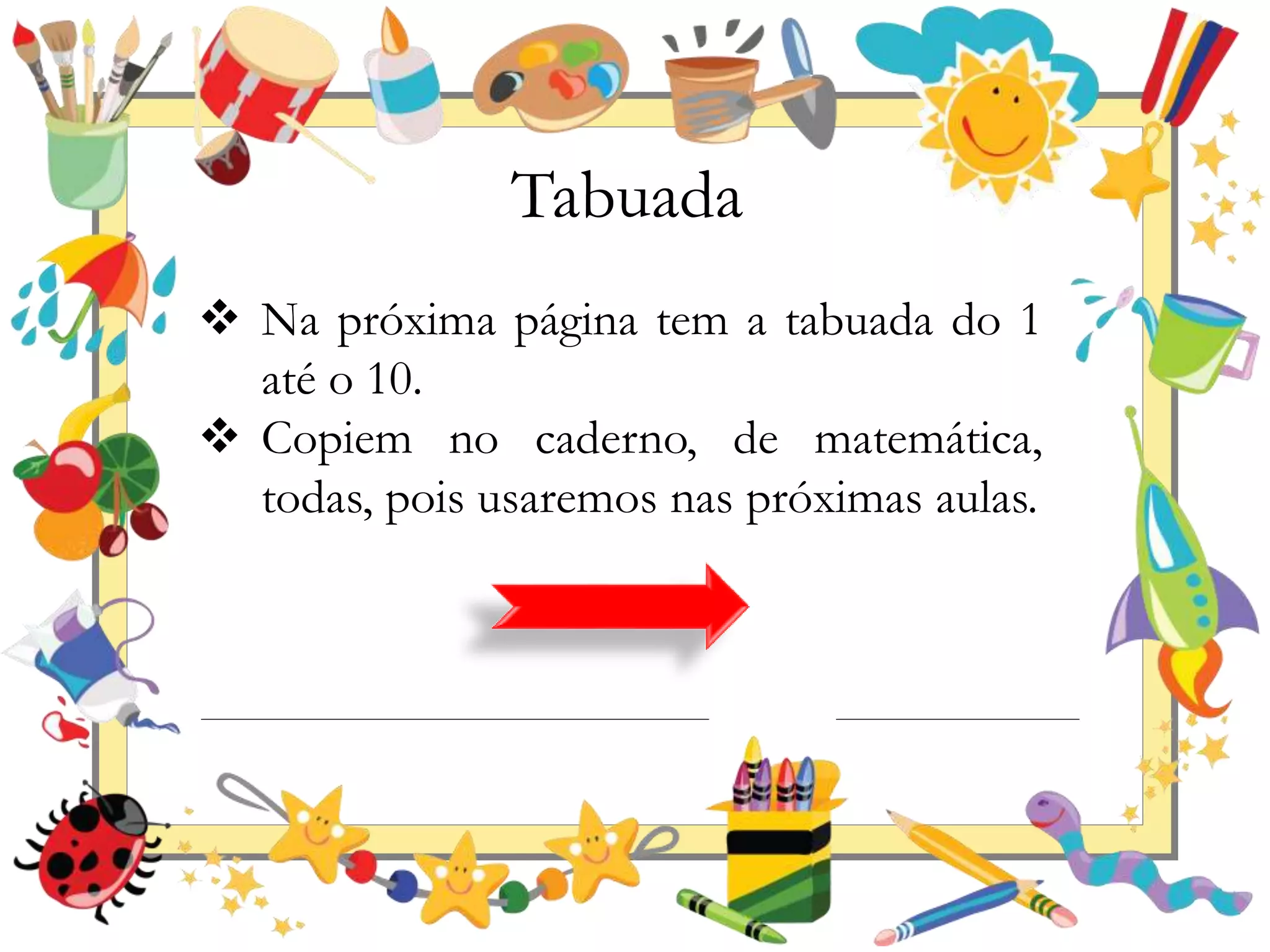 Tabuada
Na próxima página tem a tabuada do 1
até o 10.
Copiem no caderno, de matemática,
todas, pois usaremos nas próximas aulas.