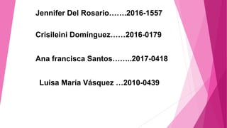 Jennifer Del Rosario…….2016-1557
Luisa María Vásquez …2010-0439
Ana francisca Santos……..2017-0418
Crisileini Domínguez……2016-0179
 