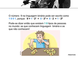 O número 9 na linguagem binária pode ser escrito como
1 0 0 1, porque 9 = 1 ∙ 2³ + 0 ∙ 2² + 0 ∙ 2 + 1 ∙ 20
Pode-se dizer então que existem 1 0 tipos de pessoas
no mundo: as que conhecem linguagem binária e as
que não conhecem!
KANTON
 