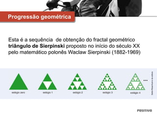 v
Esta é a sequência de obtenção do fractal geométrico
triângulo de Sierpinski proposto no início do século XX
pelo matemático polonês Waclaw Sierpinski (1882-1969)
Progressão geométrica
Stella
Ribas/Acervo
da
editora
 