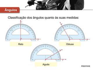 Classificação dos ângulos quanto às suas medidas:
Reto
Agudo
Obtuso
Ângulos
 
