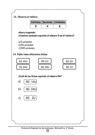 13. Observa el tablero:
Ahora responde:
¿Cuantas unidades equivale el número 5 en el tablero?
a) 5 unidades
b) 50 unidades
c) 500 unidades
14. Pablo tiene diferentes ﬁchas
¿Cuál de las ﬁchas equivale al número 54?
Evaluación Regional de Aprendizajes. Matemática 3° Grado
7
Centena Decenas Unidades
5 4 8
5D 14U
7D 24U
4D 1U 5D 2U
3D 24U 3D 1U
a)
b)
c)
5D 14U
5D 2U
3D 24U
 