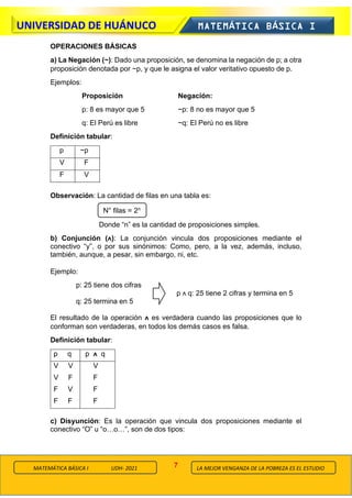7
UNIVERSIDAD DE HUÁNUCO MATEMÁTICA BÁSICA I
LA MEJOR VENGANZA DE LA POBREZA ES EL ESTUDIO
MATEMÁTICA BÁSICA I UDH- 2021
OPERACIONES BÁSICAS
a) La Negación (~): Dado una proposición, se denomina la negación de p; a otra
proposición denotada por ~p, y que le asigna el valor veritativo opuesto de p.
Ejemplos:
Proposición Negación:
p: 8 es mayor que 5 ~p: 8 no es mayor que 5
q: El Perú es libre ~q: El Perú no es libre
Definición tabular:
p ~p
V F
F V
Observación: La cantidad de filas en una tabla es:
Donde “n” es la cantidad de proposiciones simples.
b) Conjunción (ᴧ): La conjunción vincula dos proposiciones mediante el
conectivo “y”, o por sus sinónimos: Como, pero, a la vez, además, incluso,
también, aunque, a pesar, sin embargo, ni, etc.
Ejemplo:
p: 25 tiene dos cifras
p ᴧ q: 25 tiene 2 cifras y termina en 5
q: 25 termina en 5
El resultado de la operación ᴧ es verdadera cuando las proposiciones que lo
conforman son verdaderas, en todos los demás casos es falsa.
Definición tabular:
p q p ᴧ q
V V
V F
F V
F F
V
F
F
F
c) Disyunción: Es la operación que vincula dos proposiciones mediante el
conectivo “O” u “o…o…”, son de dos tipos:
N° filas = 2n
 