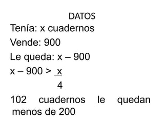 DATOS
Tenía: x cuadernos
Vende: 900
Le queda: x – 900
x – 900 > x
4
102 cuadernos le quedan
menos de 200
 