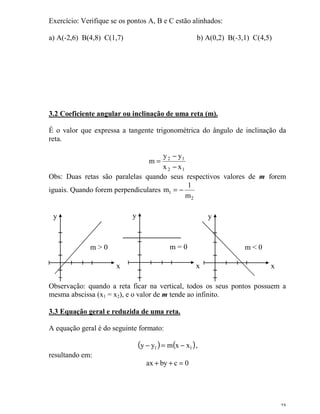 25
Exercício: Verifique se os pontos A, B e C estão alinhados:
a) A(-2,6) B(4,8) C(1,7) b) A(0,2) B(-3,1) C(4,5)
3.2 Coeficiente angular ou inclinação de uma reta (m).
É o valor que expressa a tangente trigonométrica do ângulo de inclinação da
reta.
12
12
xx
yy
m
−
−
=
Obs: Duas retas são paralelas quando seus respectivos valores de m forem
iguais. Quando forem perpendiculares
2
1
m
1
m −=
x
y
m > 0
x
y
m = 0
x
y
m < 0
Observação: quando a reta ficar na vertical, todos os seus pontos possuem a
mesma abscissa (x1 = x2), e o valor de m tende ao infinito.
3.3 Equação geral e reduzida de uma reta.
A equação geral é do seguinte formato:
( ) ( )11 xxmyy −=− ,
resultando em:
0cbyax =++
 