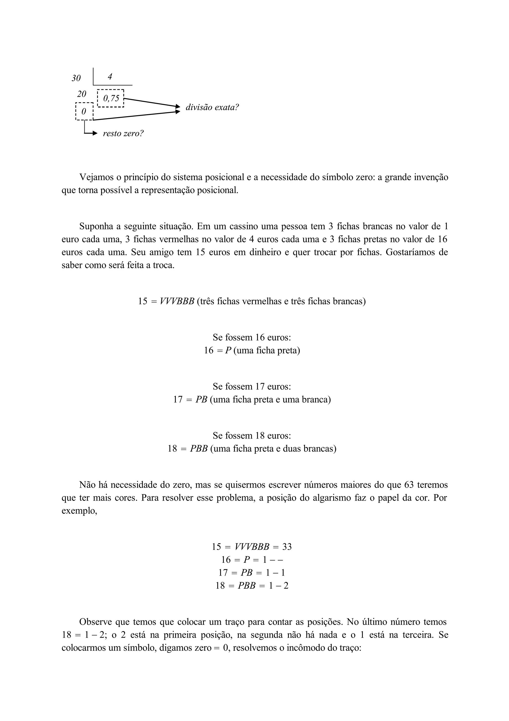 30 4 
20 0,75 
0 divisão exata? 
resto zero? 
Vejamos o princípio do sistema posicional e a necessidade do símbolo zero: a grande invenção 
que torna possível a representação posicional. 
Suponha a seguinte situação. Em um cassino uma pessoa tem 3 fichas brancas no valor de 1 
euro cada uma, 3 fichas vermelhas no valor de 4 euros cada uma e 3 fichas pretas no valor de 16 
euros cada uma. Seu amigo tem 15 euros em dinheiro e quer trocar por fichas. Gostaríamos de 
saber como será feita a troca. 
15  VVVBBB (três fichas vermelhas e três fichas brancas) 
Se fossem 16 euros: 
16  P (uma ficha preta) 
Se fossem 17 euros: 
17  PB (uma ficha preta e uma branca) 
Se fossem 18 euros: 
18  PBB (uma ficha preta e duas brancas) 
Não há necessidade do zero, mas se quisermos escrever números maiores do que 63 teremos 
que ter mais cores. Para resolver esse problema, a posição do algarismo faz o papel da cor. Por 
exemplo, 
15  VVVBBB  33 
16  P  1   
17  PB  1  1 
18  PBB  1  2 
Observe que temos que colocar um traço para contar as posições. No último número temos 
18  1  2; o 2 está na primeira posição, na segunda não há nada e o 1 está na terceira. Se 
colocarmos um símbolo, digamos zero  0, resolvemos o incômodo do traço: 
 