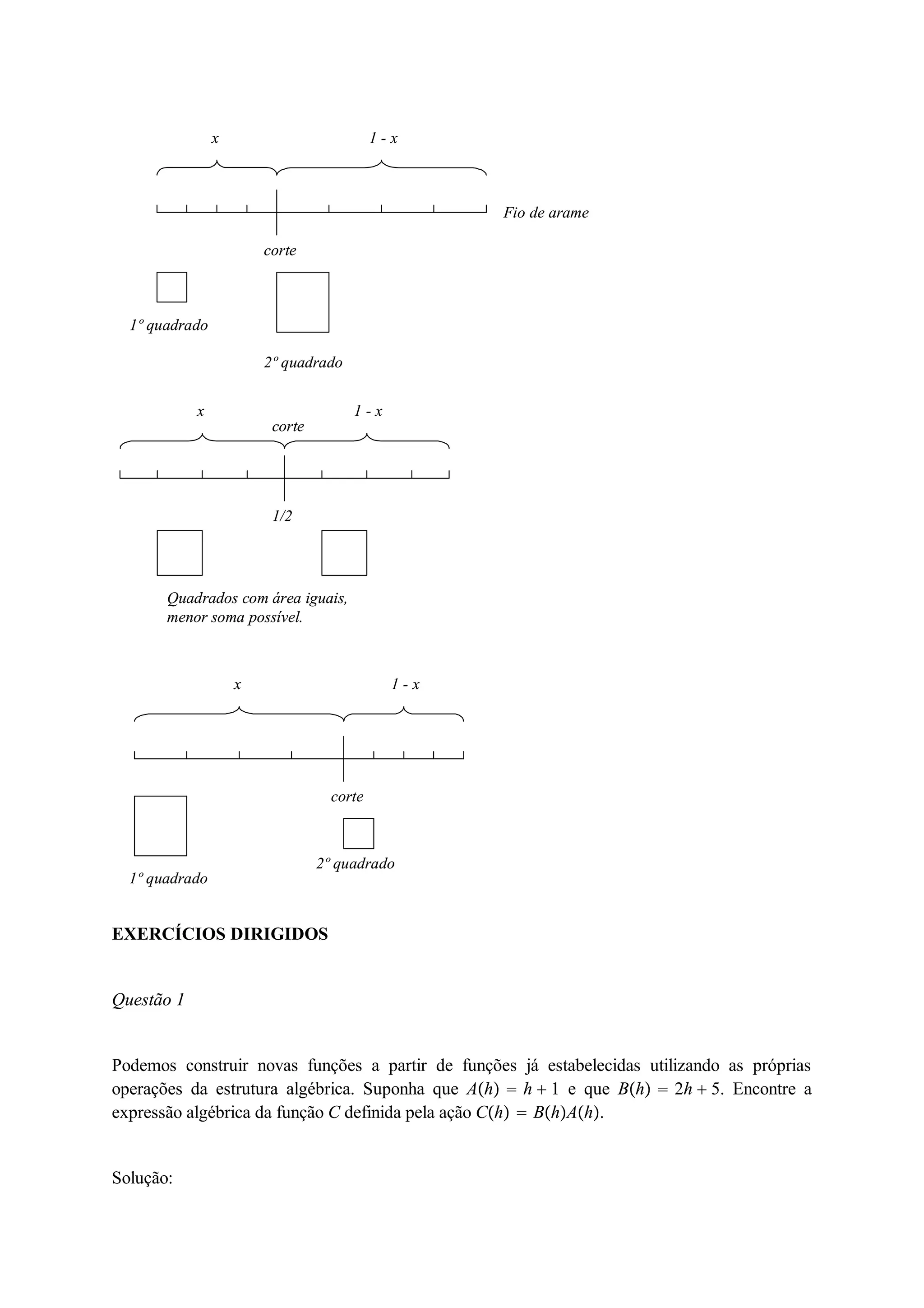 1 - x 
corte 
Fio de arame 
1º quadrado 
2º quadrado 
x 
x 1 - x 
corte 
1/2 
Quadrados com área iguais, 
menor soma possível. 
1 - x 
corte 
x 
1º quadrado 
2º quadrado 
EXERCÍCIOS DIRIGIDOS 
Questão 1 
Podemos construir novas funções a partir de funções já estabelecidas utilizando as próprias 
operações da estrutura algébrica. Suponha que Ah  h  1 e que Bh  2h  5. Encontre a 
expressão algébrica da função C definida pela ação Ch  BhAh. 
Solução: 
 