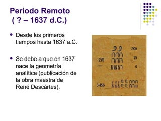 Periodo Remoto  ( ? – 1637 d.C.) <ul><li>Desde los primeros tiempos hasta 1637 a.C. </li></ul><ul><li>Se debe a que en 163...