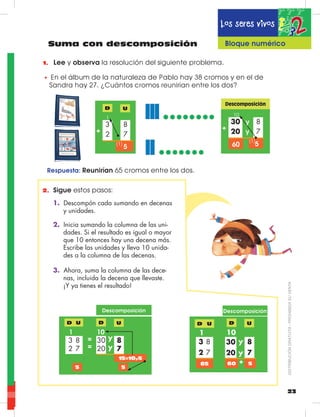23
Suma con descomposición
1.	 Lee y observa la resolución del siguiente problema.
• En el álbum de la naturaleza de Pablo hay 38 cromos y en el de
Sandra hay 27. ¿Cuántos cromos reunirían entre los dos?
Respuesta: Reunirían 65 cromos entre los dos.
D
Descomposición
3
2
30
20
8
7
8
7
U
5 560
+ +
(1)
(1)
1
10
2.	 Sigue estos pasos:
1. Descompón cada sumando en decenas
y unidades.
2. Inicia sumando la columna de las uni-
dades. Si el resultado es igual o mayor
que 10 entonces hay una decena más.
	 Escribe las unidades y lleva 10 unida-
des a la columna de las decenas.
3. Ahora, suma la columna de las dece-
nas, incluida la decena que llevaste.
	 ¡Y ya tienes el resultado!
Descomposición Descomposición
D U
5
8
7
3
2
30
20
8
7
1
D
10
y
U
y
15=10y5
5
=
=
D U
65
3
2
8
7
1
D
10
30
20
y 8
7
U
y
60 5+
y
y
Los seres vivos
Bloque numérico
DISTRIBUCIÓNGRATUITA-PROHIBIDASUVENTA
 