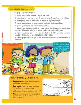 DISTRIBUCIÓNGRATUITA–PROHIBIDASUVENTA
61
Actividades recomendadas
Cada grupo expone su trabajo:
•	 El primer grupo habla sobre el collage que hizo.
•	 El segundo grupo expone un tipo de desayuno con lo que hizo en el collage.
•	 El tercer grupo hace un menú para el almuerzo según su collage.
•	 El cuarto grupo realiza un menú para la merienda según su collage.
•	 El quinto grupo narra una historia con su collage.
•	 El sexto grupo compara su trabajo con el dibujo del libro y explica qué seme-
janzas y diferencias hubo en la actitud de los integrantes del grupo.
•	 El séptimo grupo compara su trabajo con el dibujo del libro y explica las seme-
janzas y diferencias en la organización del proyecto.
•	 El octavo grupo explica lo que es una alimentación nutritiva y una alimentación
chatarra.
Presentamos y valoramos
•	 Expogan su trabajo al resto de com-
pañeros y compañeras.
•	 Conversen sobre la importancia de
las familias en nuestra mundo.
•	 ¿Cómo se sintieron al realizar el proyecto?
•	 Pinten en el paisaje un día soleado si
se sintieron bien o un día de lluvia en
caso contrario.
En las imágenes de
nuestros alimentos
encontramos varias
líneas intersecantes.
 