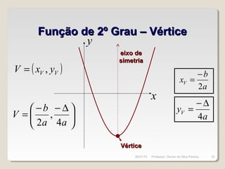 Função de 2º Grau – VérticeFunção de 2º Grau – Vértice
x
y
VérticeVértice
eixo deeixo de
simetriasimetria
a
yV
4
∆−
=
a
b
xV
2
−
=
( )VV yxV ,=





 ∆−−
=
aa
b
V
4
,
2
30/01/15 10Professor: Osmar da Silva Pereira
 