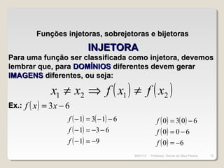 Funções injetoras, sobrejetoras e bijetorasFunções injetoras, sobrejetoras e bijetoras
INJETORAINJETORA
Para uma função ser classificada como injetora, devemosPara uma função ser classificada como injetora, devemos
lembrar que, paralembrar que, para DOMÍNIOSDOMÍNIOS diferentes devem gerardiferentes devem gerar
IMAGENSIMAGENS diferentes, ou seja:diferentes, ou seja:
( ) ( )2121 xfxfxx ≠⇒≠
Ex.:Ex.: ( ) 63 −= xxf
( ) ( )
( )
( ) 91
631
6131
−=−
−−=−
−−=−
f
f
f ( ) ( )
( )
( ) 60
600
6030
−=
−=
−=
f
f
f
30/01/15 15Professor: Osmar da Silva Pereira
 
