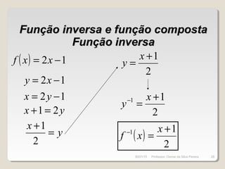 Função inversa e função compostaFunção inversa e função composta
Função inversaFunção inversa
( ) 12 −= xxf
12 −= xy
12 −= yx
yx 21=+
y
x
=
+
2
1
2
1+
=
x
y
2
11 +
=− x
y
( )
2
11 +
=− x
xf
30/01/15 28Professor: Osmar da Silva Pereira
 