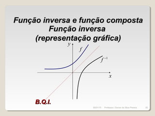 Função inversa e função compostaFunção inversa e função composta
Função inversaFunção inversa
(representação gráfica)(representação gráfica)
f
1−
f
x
y
B.Q.I.B.Q.I.
30/01/15 30Professor: Osmar da Silva Pereira
 