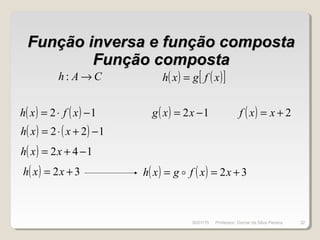 Função inversa e função compostaFunção inversa e função composta
Função compostaFunção composta
( ) ( )[ ]xfgxh =CAh →:
( ) ( ) 12 −⋅= xfxh
( ) ( ) 122 −+⋅= xxh
( ) 142 −+= xxh
( ) 32 += xxh
( ) 12 −= xxg ( ) 2+= xxf
( ) ( ) 32 +== xxfgxh 
30/01/15 32Professor: Osmar da Silva Pereira
 