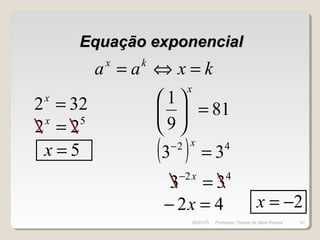 Equação exponencialEquação exponencial
kxaa kx
=⇔=
322 =x
5
22 =x
5=x ( ) 42
33 =− x
42
33 =− x
81
9
1
=





x
42 =− x 2−=x
30/01/15 41Professor: Osmar da Silva Pereira
 