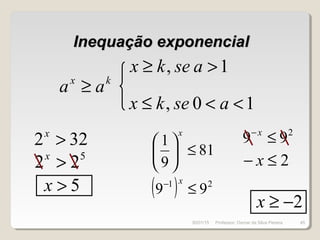 Inequação exponencialInequação exponencial
kx
aa ≥
322 >x
5
22 >x
5>x ( ) 21
99 ≤− x
2
99 ≤−x
2≤− x
2−≥x
1, >≥ asekx
10, <<≤ asekx
81
9
1
≤





x
30/01/15 45Professor: Osmar da Silva Pereira
 