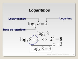 LogaritmosLogaritmos
xab =log
Base do logaritmoBase do logaritmo
LogaritmandoLogaritmando LogaritmoLogaritmo
x=8log2
⇔ 82 =x
3=x
8log2
38log2 =
30/01/15 49Professor: Osmar da Silva Pereira
 