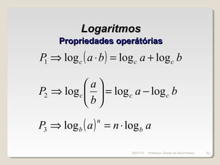 LogaritmosLogaritmos
Propriedades operátóriasPropriedades operátórias
( ) babaP ccc logloglog1 +=⋅⇒
ba
b
a
P ccc logloglog2 −=





⇒
( ) anaP b
n
b loglog3 ⋅=⇒
30/01/15 52Professor: Osmar da Silva Pereira
 