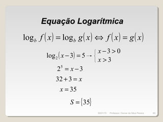 Equação LogarítmicaEquação Logarítmica
( ) ( ) ( ) ( )xgxfxgxf bb =⇔= loglog
( ) 53log2 =−x
325
−= x
x=+ 332
35=x
03 >−x
3>x
{ }35=S
30/01/15 60Professor: Osmar da Silva Pereira
 