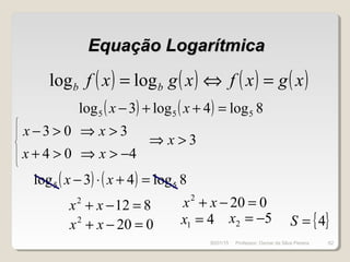 Equação LogarítmicaEquação Logarítmica
( ) ( ) ( ) ( )xgxfxgxf bb =⇔= loglog
( ) ( ) 8log4log3log 555 =++− xx
03 >−x 3>⇒ x
04 >+x 4−>⇒ x
41 =x
3>⇒ x
{ }4=S
( ) ( ) 8log43log 55 =+⋅− xx
8122
=−+ xx
0202
=−+ xx 52 −=x
0202
=−+ xx
30/01/15 62Professor: Osmar da Silva Pereira
 