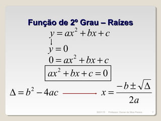 Função de 2º Grau – RaízesFunção de 2º Grau – Raízes
cbxaxy ++= 2
0=y
cbxax ++= 2
0
02
=++ cbxax
acb 42
−=∆
a
b
x
2
∆±−
=
30/01/15 7Professor: Osmar da Silva Pereira
 