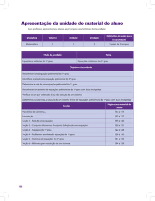 100
Apresentação da unidade do material do aluno
Caro professor, apresentamos, abaixo, as principais características desta unidade:
Disciplina Volume Módulo Unidade
Estimativa de aulas para
essa unidade
Matemática 1 1 3 5 aulas de 2 tempos
Titulo da unidade Tema
Equações e sistemas do 1º grau Equações e sistemas do 1º grau
Objetivos da unidade
Reconhecer uma equação polinomial do 1º grau
Identificar a raiz de uma equação polinomial do 1º grau
Determinar a raiz de uma equação polinomial do 1º grau
Reconhecer um sistema de equações polinomiais do 1º grau com duas incógnitas
Verificar se um par ordenado é ou não solução de um sistema
Determinar, caso exista, a solução de um sistema linear de equações polinomiais do 1º grau com duas incógnitas
Seções
Páginas no material do
aluno
Para início de conversa... 113 a 114
Introdução 115 a 117
Seção 1 – Raiz de uma equação 119 a 120
Seção 2 – Conjunto Universo e Conjunto Solução de uma equação 120 a 121
Seção 3 – Equação do 1º grau 122 a 128
Seção 4 – Problemas envolvendo equações do 1º grau 128 a 130
Seção 5 – Sistemas de equações do 1º grau 131 a 133
Seção 6 – Métodos para resolução de um sistema 134 a 139
 
