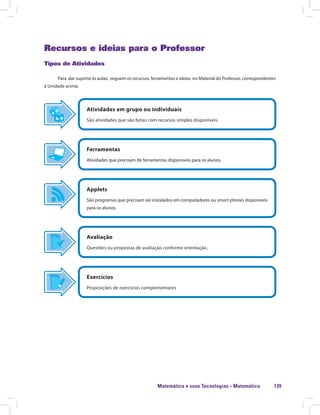 Matemática e suas Tecnologias · Matemática 139
Recursos e ideias para o Professor
Tipos de Atividades
Para dar suporte às aulas, seguem os recursos, ferramentas e ideias no Material do Professor, correspondentes
à Unidade acima:
Atividades em grupo ou individuais
São atividades que são feitas com recursos simples disponíveis.
Ferramentas
Atividades que precisam de ferramentas disponíveis para os alunos.
Applets
São programas que precisam ser instalados em computadores ou smart-phones disponíveis
para os alunos.
Avaliação
Questões ou propostas de avaliação conforme orientação.
Exercícios
Proposições de exercícios complementares
 