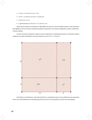148
ƒƒ x (x+m) = x2
+mx ou x (x-m) = x2
-mx
ƒƒ (x+m)2
= x2
+2mx+m2
ou (x-m)2
= x2-2mx+m2
ƒƒ (x+m) (x-m) = x2
-m2
ƒƒ E, genericamente, (x+m) (x+n) = x2
+ (m+n)x + mn
Alguns alunos podem, por exemplo, ter dificuldades de associar as áreas das figuras planas a essas representa-
ções algébricas. Por esse motivo, é importante explorar esses pontos com os alunos, indagando-os sobre o entendimen-
to destas relações.
Se achar necessário, reproduza as figuras na lousa, realizando as composições das peças e montando as figuras
propostas nas etapas da atividade, como por exemplo, no caso (x+m)2
= x2
+2mx+m2
:
Para facilitar o entendimento, você pode orientá-los a considerarem peças de cores diferentes para representar
termos com sinais diferentes. Por exemplo, peças brancas termos com sinal positivo e cinzas com sinal negativo.
 
