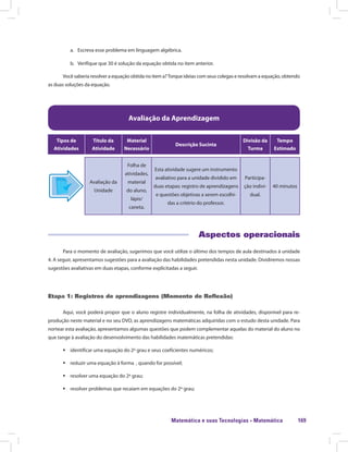 Matemática e suas Tecnologias · Matemática 169
a.	 Escreva esse problema em linguagem algébrica.
b.	 Verifique que 30 é solução da equação obtida no item anterior.
Você saberia resolver a equação obtida no item a?Torque ideias com seus colegas e resolvam a equação, obtendo
as duas soluções da equação.
Avaliação da Aprendizagem
Tipos de
Atividades
Título da
Atividade
Material
Necessário
Descrição Sucinta
Divisão da
Turma
Tempo
Estimado
Avaliação da
Unidade
Folha de
atividades,
material
do aluno,
lápis/
caneta.
Esta atividade sugere um instrumento
avaliativo para a unidade dividido em
duas etapas: registro de aprendizagens
e questões objetivas a serem escolhi-
das a critério do professor.
Participa-
ção indivi-
dual.
40 minutos
Aspectos operacionais
Para o momento de avaliação, sugerimos que você utilize o último dos tempos de aula destinados à unidade
4. A seguir, apresentamos sugestões para a avaliação das habilidades pretendidas nesta unidade. Dividiremos nossas
sugestões avaliativas em duas etapas, conforme explicitadas a seguir.
Etapa 1: Registros de aprendizagens (Momento de Reflexão)
Aqui, você poderá propor que o aluno registre individualmente, na folha de atividades, disponível para re-
produção neste material e no seu DVD, as aprendizagens matemáticas adquiridas com o estudo desta unidade. Para
nortear esta avaliação, apresentamos algumas questões que podem complementar aquelas do material do aluno no
que tange à avaliação do desenvolvimento das habilidades matemáticas pretendidas:
ƒƒ identificar uma equação do 2º grau e seus coeficientes numéricos;
ƒƒ reduzir uma equação à forma , quando for possível;
ƒƒ resolver uma equação do 2º grau;
ƒƒ resolver problemas que recaiam em equações do 2º grau;
 