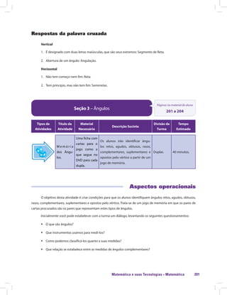 Matemática e suas Tecnologias · Matemática 201
Respostas da palavra cruzada
Vertical
1.	 É designado com duas letras maiúsculas, que são seus extremos: Segmento de Reta.
2.	 Abertura de um ângulo: Angulação.
Horizontal
1.	 Não tem começo nem fim: Reta.
2.	 Tem princípio, mas não tem fim: Semirretas.
Seção 3 – Ângulos
Páginas no material do aluno
201 a 204
Tipos de
Atividades
Título da
Atividade
Material
Necessário
Descrição Sucinta
Divisão da
Turma
Tempo
Estimado
M e m ó r i a
dos Ângu-
los.
Uma ficha com
cartas para o
jogo como a
que segue no
DVD para cada
dupla.
Os alunos irão identificar ângu-
los retos, agudos, obtusos, rasos,
complementares, suplementares e
opostos pelo vértice a partir de um
jogo de memória.
Duplas. 40 minutos.
Aspectos operacionais
O objetivo desta atividade é criar condições para que os alunos identifiquem ângulos retos, agudos, obtusos,
rasos, complementares, suplementares e opostos pelo vértice. Trata-se de um jogo de memória em que os pares de
cartas procurados são os pares que representam estes tipos de ângulos.
Inicialmente você pode estabelecer com a turma um diálogo, levantando os seguintes questionamentos:
ƒƒ O que são ângulos?
ƒƒ Que instrumentos usamos para medi-los?
ƒƒ Como podemos classificá-los quanto a suas medidas?
ƒƒ Que relação se estabelece entre as medidas de ângulos complementares?
 