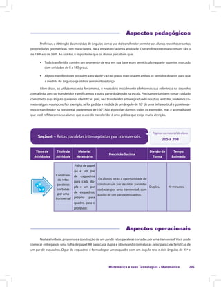 Matemática e suas Tecnologias · Matemática 205
Aspectos pedagógicos
Professor, a obtenção das medidas de ângulos com o uso do transferidor permite aos alunos reconhecer certas
propriedades geométricas com mais clareza, daí a importância desta atividade. Os transferidores mais comuns são o
de 180º e o de 360º. Ao usá-los, é importante que os alunos percebam que:
ƒƒ Todo transferidor contém um segmento de reta em sua base e um semicírculo na parte superior, marcado
com unidades de 0 a 180 graus.
ƒƒ Alguns transferidores possuem a escala de 0 a 180 graus, marcada em ambos os sentidos do arco, para que
a medida do ângulo seja obtida sem muito esforço.
Além disso, ao utilizarmos esta ferramenta, é necessário inicialmente alinharmos sua referência no desenho
com a linha zero do transferidor e verificarmos a outra parte do ângulo na escala. Precisamos também tomar cuidado
com o lado, cujo ângulo queremos identificar , pois, se o transferidor estiver graduado nos dois sentidos, podemos co-
meter alguns equívocos. Por exemplo, se for pedida a medida de um ângulo de 10º de uma linha vertical e posicionar-
mos o transferidor na horizontal, poderemos ler 100°. Não é possível darmos todos os exemplos, mas é aconselhável
que você reflita com seus alunos que o uso do transferidor é uma prática que exige muita atenção.
Seção 4 – Retas paralelas interceptadas por transversais.
Páginas no material do aluno
205 a 208
Tipos de
Atividades
Título da
Atividade
Material
Necessário
Descrição Sucinta
Divisão da
Turma
Tempo
Estimado
Construin-
do retas
paralelas
cortadas
por uma
transversal
Folha de papel
A4 e um par
de esquadros
para cada du-
pla e um par
de esquadros.
próprio para
quadro. para o
professor.
Os alunos terão a oportunidade de
construir um par de retas paralelas
cortadas por uma transversal. com
auxílio de um par de esquadros.
Duplas, 40 minutos.
Aspectos operacionais
Nesta atividade, propomos a construção de um par de retas paralelas cortadas por uma transversal. Você pode
começar entregando uma folha de papel A4 para cada dupla e observando com elas as principais características de
um par de esquadros. O par de esquadros é formado por um esquadro com um ângulo reto e dois ângulos de 45º e
 