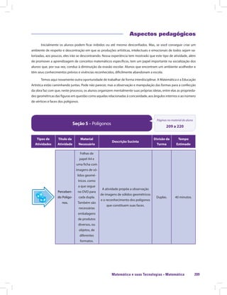 Matemática e suas Tecnologias · Matemática 209
Aspectos pedagógicos
Inicialmente os alunos podem ficar inibidos ou até mesmo desconfiados. Mas, se você conseguir criar um
ambiente de respeito e descontração em que as produções artísticas, intelectuais e emocionais de todos sejam va-
lorizadas, aos poucos, eles irão se descontraindo. Nossa experiência tem mostrado que este tipo de atividade, além
de promover a aprendizagem de conceitos matemáticos específicos, tem um papel importante na socialização dos
alunos que, por sua vez, conduz à diminuição da evasão escolar. Alunos que encontram um ambiente acolhedor e
têm seus conhecimentos prévios e vivências reconhecidos, dificilmente abandonam a escola.
Temos aqui novamente outra oportunidade de trabalhar de forma interdisciplinar. A Matemática e a Educação
Artística estão caminhando juntas. Pode não parecer, mas a observação e manipulação das formas para a confecção
da obra faz com que, neste processo, os alunos organizem mentalmente suas próprias ideias, entre elas as proprieda-
des geométricas das figuras em questão como aquelas relacionadas à concavidade, aos ângulos internos e ao número
de vértices e faces dos polígonos.
Seção 5 – Polígonos
Páginas no material do aluno
209 a 220
Tipos de
Atividades
Título da
Atividade
Material
Necessário
Descrição Sucinta
Divisão da
Turma
Tempo
Estimado
Perceben-
do Polígo-
nos.
Folhas de
papel A4 e
uma ficha com
imagens de só-
lidos geomé-
tricos. como
a que segue
no DVD para
cada dupla.
Também são
necessárias
embalagens
de produtos
diversos, ou
objetos, de
diferentes
formatos.
A atividade propõe a observação
de imagens de sólidos geométricos
e o reconhecimento dos polígonos
que constituem suas faces.
Duplas. 40 minutos.
 