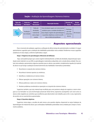Matemática e suas Tecnologias · Matemática 43
Seção – Avaliação da Aprendizagem: Números Inteiros
Tipos de
Atividades
Título da
Atividade
Material
Necessário
Descrição Sucinta
Divisão da
Turma
Tempo
Estimado
Avaliação
da Unidade
Folha de
atividades,
material do
aluno, lápis/
caneta
Esta atividade sugere um instrumento
avaliativo para a unidade dividido em
duas etapas: registro de aprendizagens
e questões objetivas a serem escolhi-
das a critério do professor
Participa-
ção indi-
vidual dos
alunos
40 minutos
Aspectos operacionais
Para o momento de avaliação, sugerimos a utilização do último tempo de aula destinados à unidade 2. A seguir
apresentamos sugestões para a avaliação das habilidades pretendidas nesta unidade. Dividiremos nossas sugestões
avaliativas em duas etapas, conforme explicitadas a seguir.
Etapa 1: Registros de aprendizagens (Momento de Reflexão)
Aqui, você poderá propor que o aluno registre individualmente, na folha de atividades, disponível para repro-
dução neste material e no seu DVD, as aprendizagens matemáticas adquiridas com o estudo desta unidade. Para nor-
tear esta avaliação, apresentamos algumas questões para os alunos, que podem complementar àquelas do material
do aluno no que tange a avaliação do desenvolvimento das habilidades matemáticas pretendidas:
ƒƒ Reconhecer o conjunto dos números inteiros;
ƒƒ Reconhecer números opostos ou simétricos;
ƒƒ Identificar o módulo de um número inteiro;
ƒƒ Efetuar operações com números inteiros;
ƒƒ Efetuar potências e raízes com números inteiros;
ƒƒ Resolver problemas envolvendo as operações no conjunto dos números inteiros.
Sugerimos também, que este material seja recolhido para uma posterior seleção de registros a serem entre-
gues ao seu formador no curso de formação presencial. Desta forma, esperamos acompanhar com você como os
alunos estão reagindo aos caminhos que escolhemos para desenvolver este trabalho, para se for o caso, repensá-los
de acordo com as características apresentadas.
Etapa 2: Questões objetivas
Sugerimos nesta etapa, a escolha de pelo menos uma questão objetiva, disponível na seção Avaliação da
Aprendizagem do material do aluno, que contemplaas habilidades pretendidas nesta unidade para compor o instru-
mento avaliativo.
 