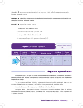 Matemática e suas Tecnologias · Matemática 71
Questão 2: Apresente uma expressão algébrica que represente a idade de Diofanto, a partir das expressões
indicadas na questão anterior.
Questão 3: Usando seus conhecimentos sobre frações, determine quantos anos viveu Diofanto, de acordo com
a expressão construída na questão anterior.
Questão 4: Responda às questões a seguir.
a.	 Com quantos anos Diofanto se casou?
b.	 Quantos anos Diofanto tinha quando foi pai?
c.	 Com que idade o filho de Diofanto faleceu?
d.	 Quantos anos Diofanto tinha quando perdeu o seu filho?
Seção 1 – Expressões Algébricas
Páginas no material do aluno
69 a 72
Tipos de
Atividades
Título da
Atividade
Material
Necessário
Descrição Sucinta
Divisão da
Turma
Tempo
Estimado
Trabalhan-
do com
Expressões
Algébricas
Cópias da
folha de Ativi-
dades, lápis/
caneta
A atividade tem por objetivo
trabalhar com as expressões
algébricas exercitando o
conteúdo apresentado
Duplas 30 minutos
Aspectos operacionais
Professor, para colocar em prática os conhecimentos sobre expressões algébricas trabalhados na unidade, bus-
camos desenvolver mais algumas atividades desse conteúdo, utilizando, também, o cálculo de valor numérico de
uma expressão algébrica.
Para isso iniciamos, na folha de atividades, uma pequena revisão do conteúdo apresentado. Sugerimos que
entregue a folha a cada um de seus alunos e, ao final, faça a correção observando as soluções dadas.
Inicie a atividade propondo uma pequena revisão dos conceitos trabalhados.
Em seguida, chame a atenção dos alunos para o fato de que as expressões algébricas podem ser utilizadas
para representar situações problema, como as propostas na folha de atividades. Peça, então, que os alunos efetuem
as questões propostas.
 