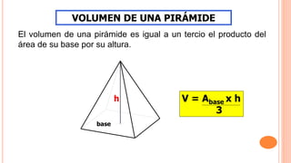 base
h
VOLUMEN DE UNA PIRÁMIDE
El volumen de una pirámide es igual a un tercio el producto del
área de su base por su altura.
V = Abase x h
3
 