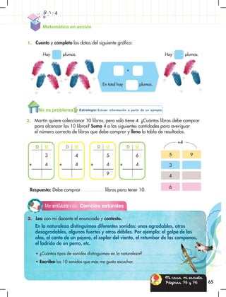 Matemática en acción
65
Me enlazo con Ciencias naturales
3. Leo con mi docente el enunciado y contesto.
• ¿Cuántos tipos de sonidos distinguimos en la naturaleza?
• Escribo los 10 sonidos que más me gusta escuchar.
En la naturaleza distinguimos diferentes sonidos: unos agradables, otros
desagradables, algunos fuertes y otros débiles. Por ejemplo: el golpe de las
olas, el canto de un pájaro, el soplar del viento, el retumbar de las campanas,
el ladrido de un perro, etc.
2. Martín quiere coleccionar 10 libros, pero solo tiene 4. ¿Cuántos libros debe comprar
para alcanzar los 10 libros? Sumo 4 a las siguientes cantidades para averiguar
el número correcto de libros que debe comprar y lleno la tabla de resultados.
Respuesta: Debe comprar libros para tener 10.
Mi casa, mi escuela.
Páginas 75 y 76
1. Cuento y completo los datos del siguiente gráfico:
Hay plumas. Hay plumas.
+
En total hay plumas.
D U
5
4
+
9
D U
3
4
+
D U
4
4
+
D U
6
4
+
5
3
4
6
9
+4
Estrategia: Extraer información a partir de un ejemplo.
No es problema
 