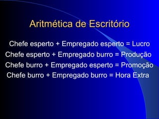 Aritmética de Escritório Chefe esperto + Empregado esperto = Lucro Chefe esperto + Empregado burro = Produção Chefe burro + Empregado esperto = Promoção Chefe burro + Empregado burro = Hora Extra 