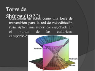 Torre de
Shújov (1920)Construída en acero como una torre de
transmisión para la red de radiodifusión
rusa. Aplica una superficie englobada en
el mundo de las cuádricas:
el hiperbolóide de una hoja.
 