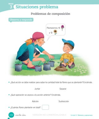 Módulo
1
Observa y responde
Problemas de composición
Unidad 3 / Números y operaciones_ciento _dos
• ¿Qué acción se debe realizar para saber la cantidad total de flores que se plantarán? Enciérrala.
Juntar Separar
• ¿Qué operación se asocia a la acción anterior? Enciérrala.
Adición Sustracción
• ¿Cuántas flores plantarán en total?
Situaciones problema
Módulo
3
Observa y responde
102
Plantaremos 15
y 12 .12
VERSIÓN NO COMERCIALIZABLE
 