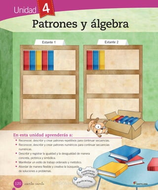 Unidad 4
_ciento veinte
Patrones y álgebra
En esta unidad aprenderás a:
• Reconocer, describir y crear patrones repetitivos para continuar secuencias.
• Reconocer, describir y crear patrones numéricos para continuar secuencias
numéricas.
• Describir y registrar la igualdad y la desigualdad de manera
concreta, pictórica y simbólica.
• Manifestar un estilo de trabajo ordenado y metódico.
• Abordar de manera flexible y creativa la búsqueda
de soluciones a problemas.
secuencias.
Estante 1 Estante 2
120
continuar
manera
secuenciassecuencias
VERSIÓN NO COMERCIALIZABLECOMERCIALIZABLE
 