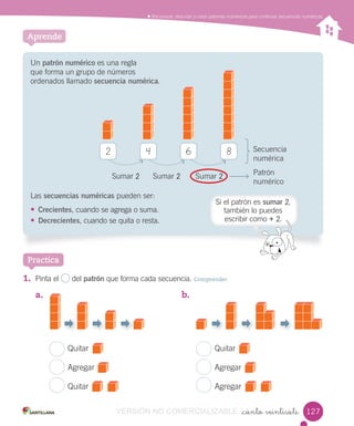 Reconocer, describir y crear patrones numéricos para continuar secuencias numéricas
_ciento veintisiete
Un patrón numérico es una regla
que forma un grupo de números
ordenados llamado secuencia numérica.
Las secuencias numéricas pueden ser:
• Crecientes, cuando se agrega o suma.
• Decrecientes, cuando se quita o resta.
Aprende
1. Pinta el del patrón que forma cada secuencia. Comprender
a. b.
Practica
Quitar
Agregar
Quitar
Quitar
Agregar
Agregar
2 4 6 8
Sumar 2 Sumar 2 Sumar 2
Secuencia
numérica
Patrón
numérico
127127
Si el patrón es sumar 2,
también lo puedes
escribir como + 2.
VERSIÓN NO COMERCIALIZABLE
 